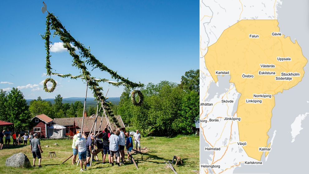 Delad bild – till vänster bild från Dalarna där en grupp håller på att resa en midsommarstång. Till höger en karta från SMHI över var värmevarningen är.