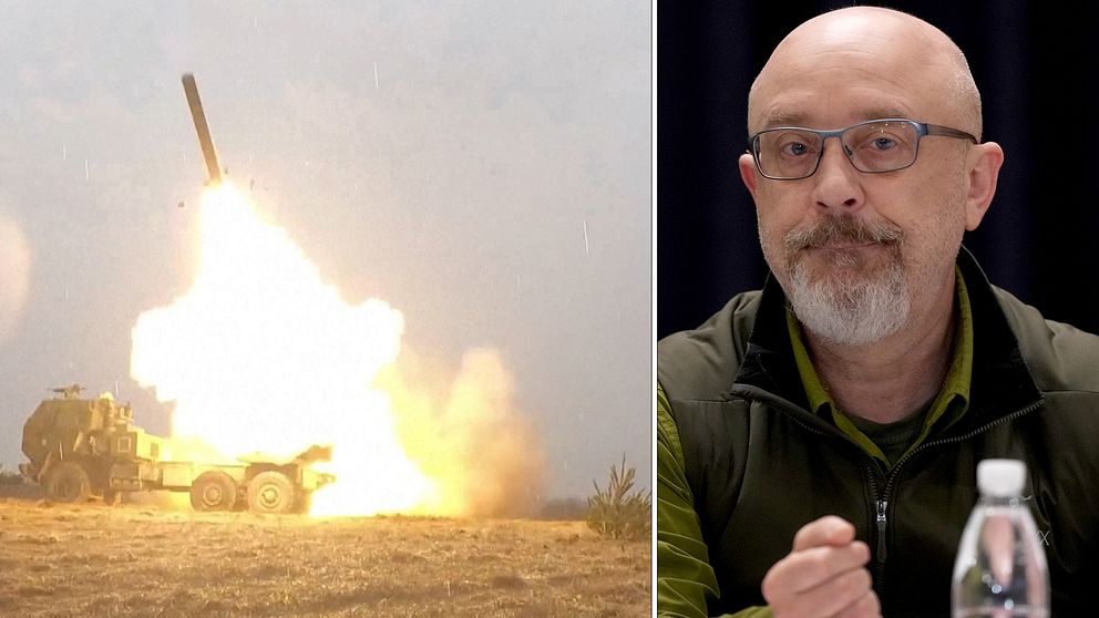 raketartillerisystemet Himars som USA skickar till Ukraina till vänster. Till höger en bild på Ukrainas försvarsminister.