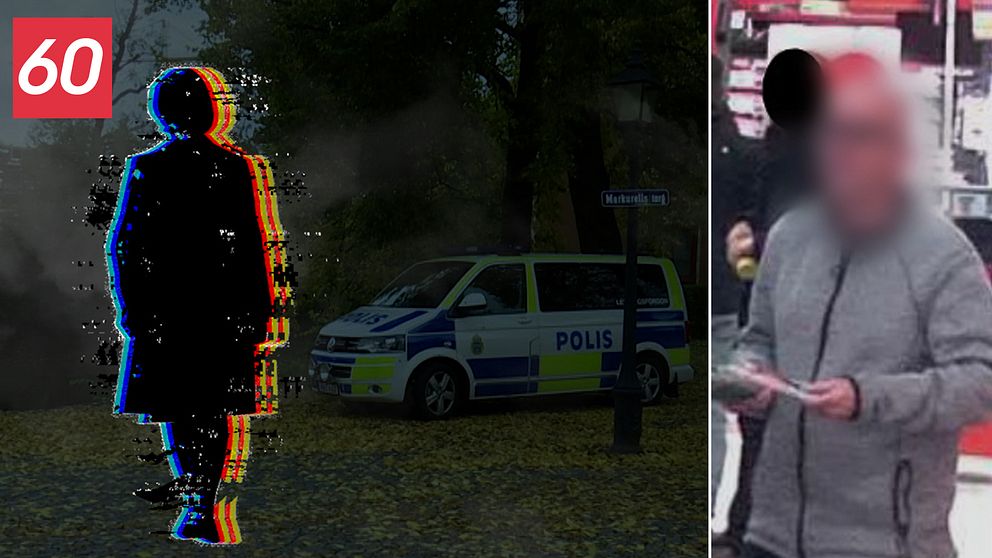 Bild på silhuett föreställda en äldre kvinna framför ett polisfordon, på marken gula höstlöv –  man med grå tröja