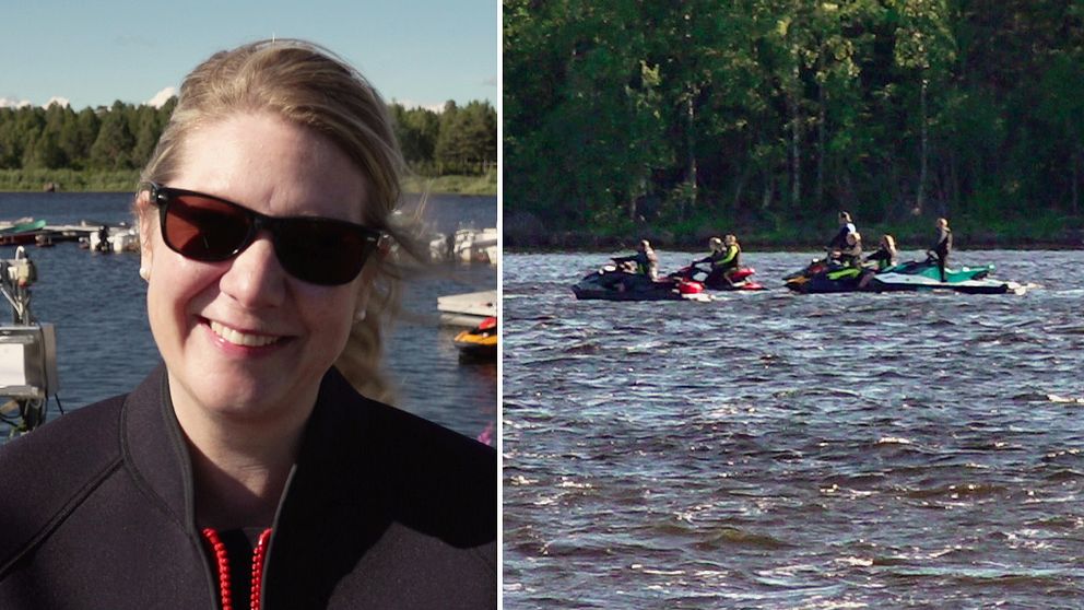 två bilder: en leende kvinna med solglasögon, bryggor i bakgrunden, samt flera personer på vattenskotrar ute på vattnet