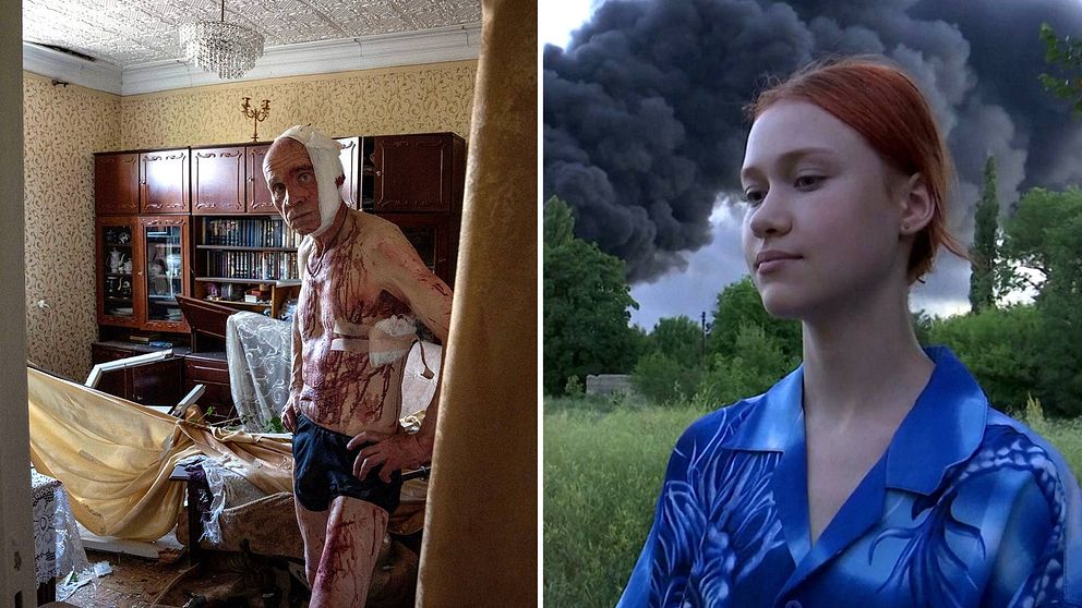 En 66-årig Vladimir från Kramatorsk i blod, skadad i en flygattack. Diana Starkova från Donetsk framför ett brinnande hus.