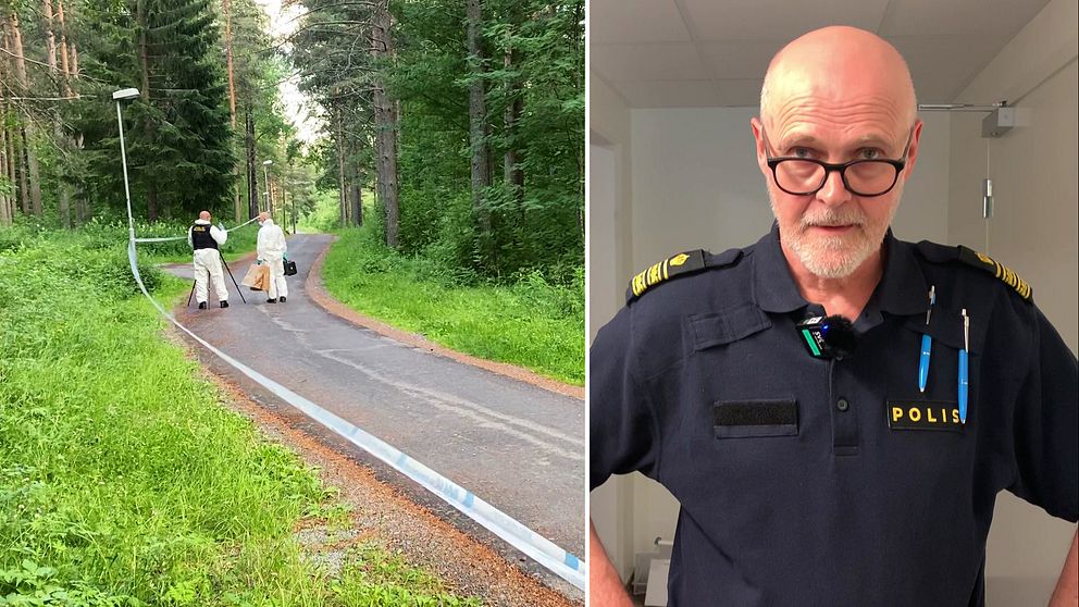 två poliser på brottsplatsen, samt bild på Persson – medelålders man med glasögon, i poliskläder