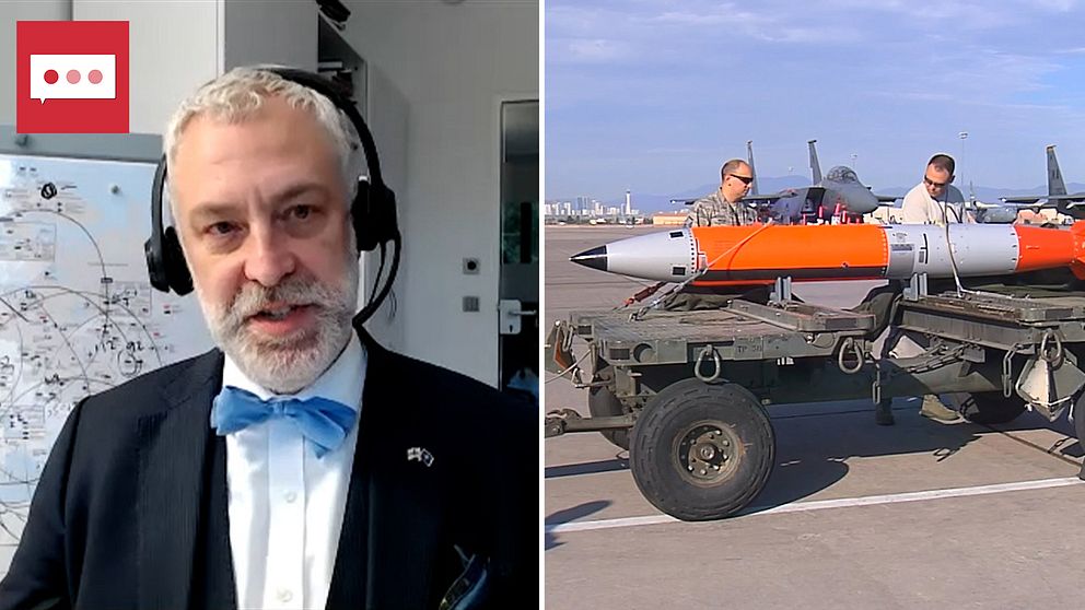 Tvådelad bild. Vänster: man med headset. Höger: personal lastar orange missil på flygplats.