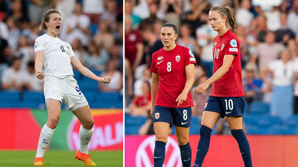 Englands Ellen White jublar och Norges Vilde Böe Risa och Caroline Graham Hansen deppar.