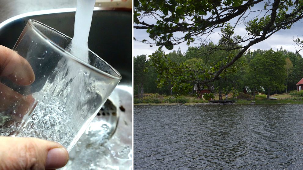 Till höger en bild på ett vattenglas som fylls med vatten från kranen. Till höger en bild på sjön Tisaren.