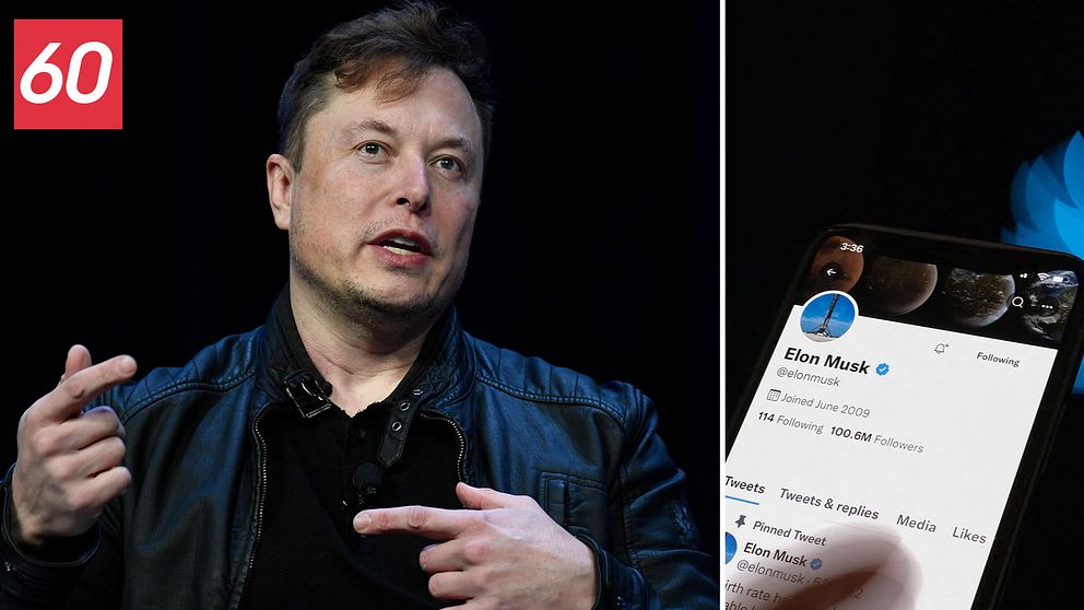 Elon Musk. en telefon med Elon Musks twitterkonto uppe.