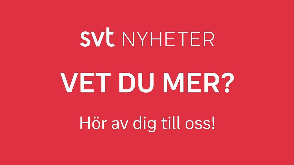grafikbild med röd bakgrund och texten ”SVT nyheter, vet du mer? Hör av dig till oss!”