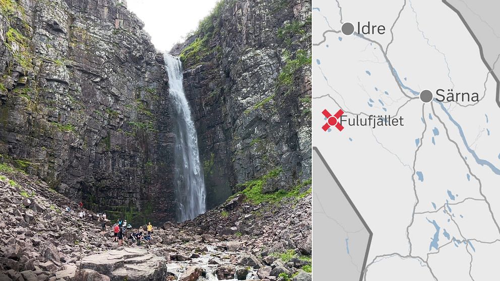 Delad bild – till höger en bild på ett vattenfall – Njupeskär – och till vänster bild på en karta över Dalarna.