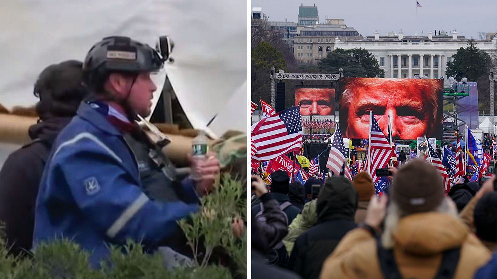 Guy Reffitt, till vänster, var en av flera hundra som deltog i stormningen av Capitoleum den 6 januari 2021. Till höger ser man en bild på en folkmassa från upploppet.