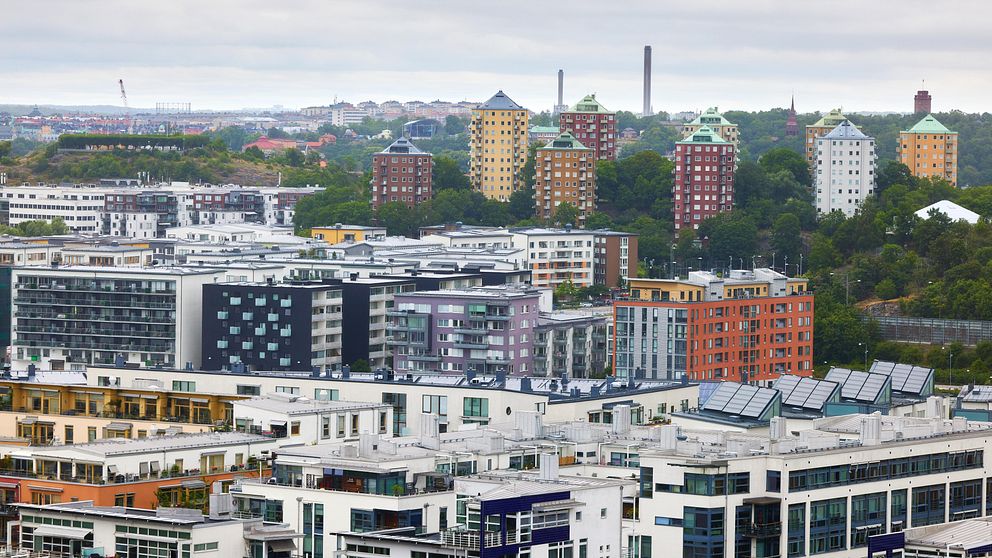Vy över bostadshus i Hammarby sjöstad i Stockholm.