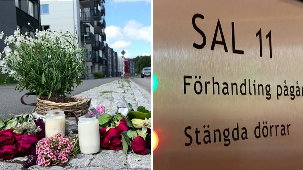 Tvådelad bild med blommor på en gata i Lundby i Göteborg och en skylt i Göteborgs tingsrätt som det står ”sal 11” på.