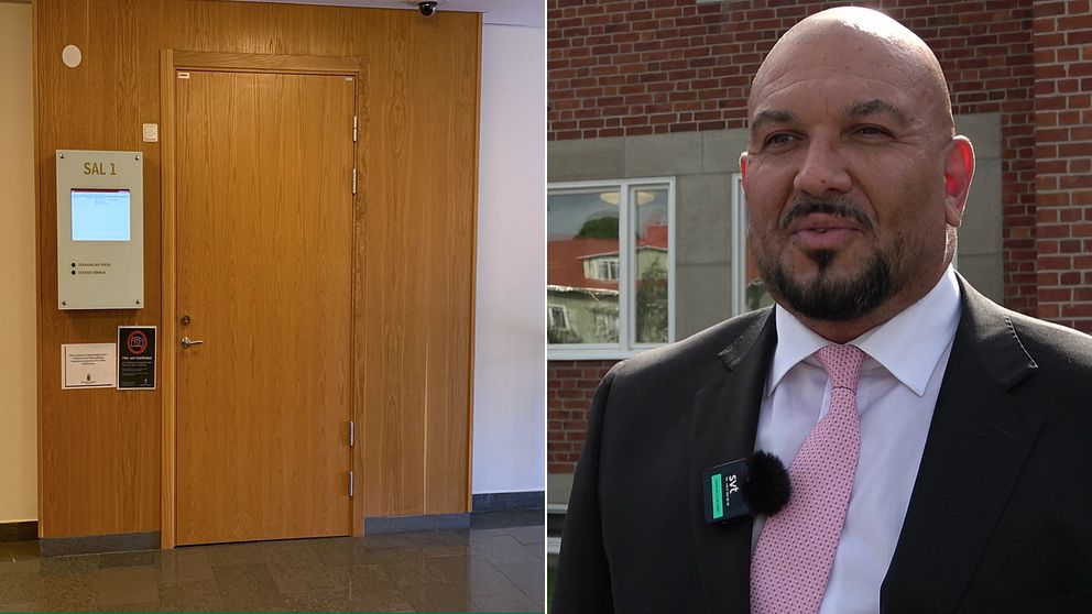 Bilden till vänster ser vi en träfärgad dörr och en skylt där det står sal 1. Till höger ser vi en man klädd i mörk kostym, vit skjorta och en rosa slips.