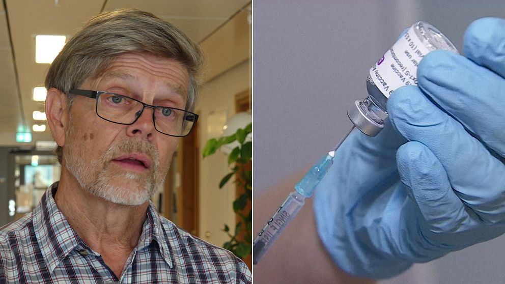 Signar Mäkitalo samt en bild på en behandskad hand som drar upp vaccin i en spruta.