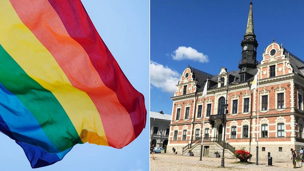 Tvådelad bild. Prideflagga med ränder mot en klar himmel. Överblicksbild över stadshuset på torget med klar himmel i bakgrunden.