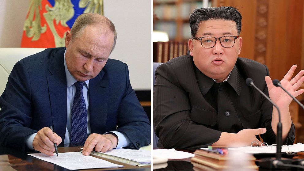 Rysslands president Vladimir Putin skriver. Bild bredvid på Kim Jong-Un. Arkivbilder.