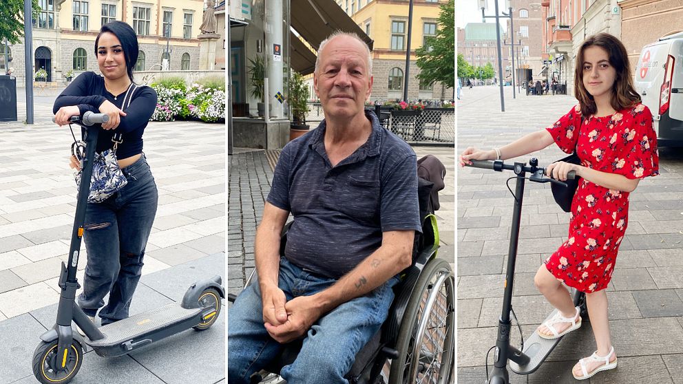 Två unga tjejer med elsparkcykel i Eskilstuna centrum samt en äldre man i rullstol.