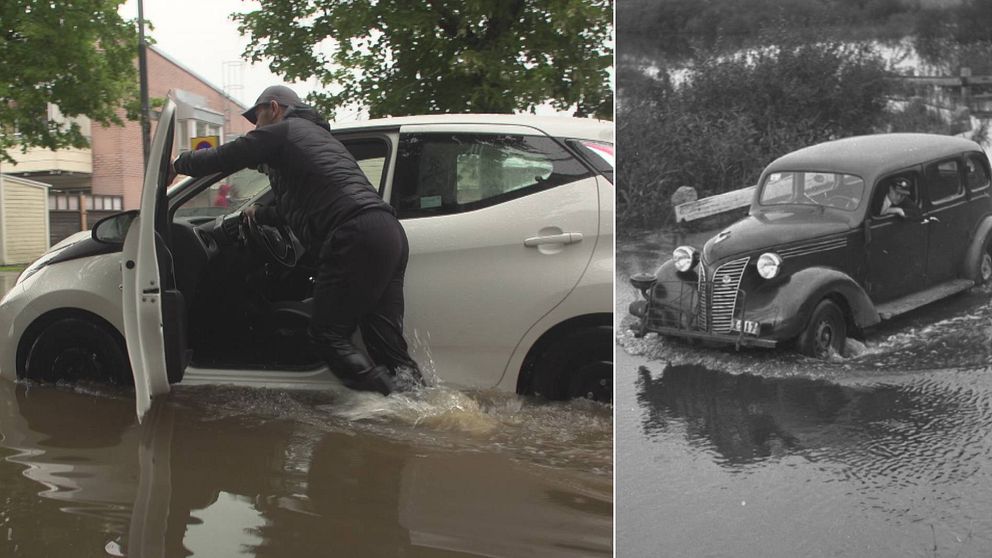 Tvådelad bild. En man med vatten upp på vaderna puttar sin bil framåt över vattentäckta gator. En svartvit gammal bild där en förare i gammal bil från 1945 har vatten upp över däcken.