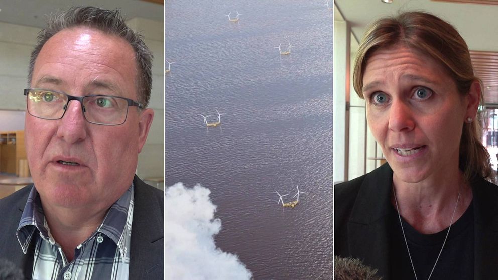 Tredelad bild: Porträtt av Bengt Nises, medelålders man. Flygbilder över vindkraftverk mitt i havet, moln i förgrunden. Porträtt av Helena Nordholm, medelålders kvinna
