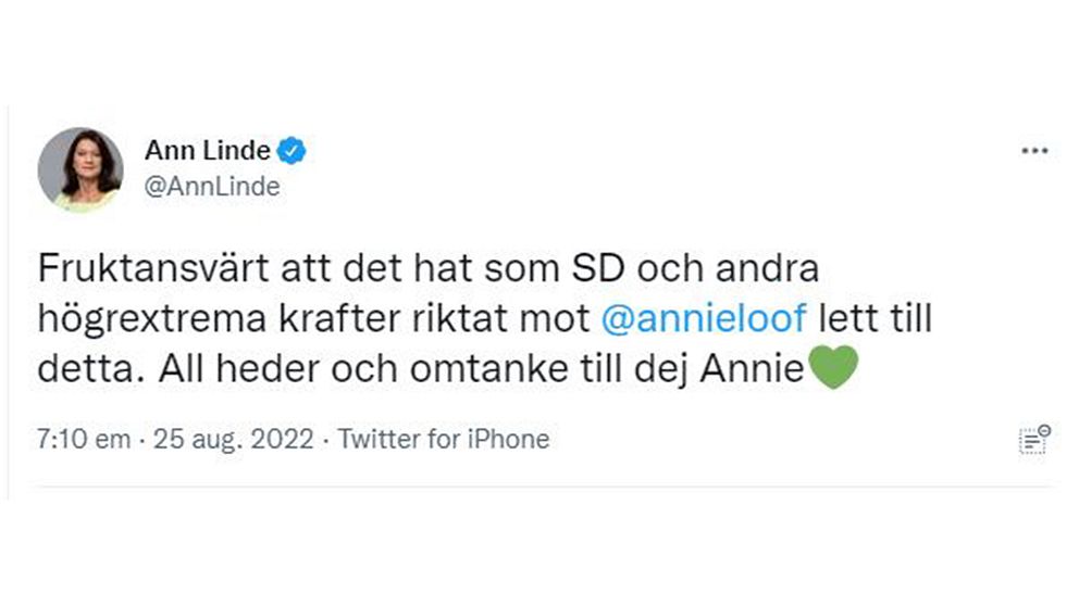 ”Fruktansvärt att det hat som SD och andra högerextrema krafter riktat mot Annie Lööf lett till detta. All heder och omtanke till dej Annie” skrev Ann Linde på Twitter efter nyheten om att C-ledaren var måltavla i Visbydådet.