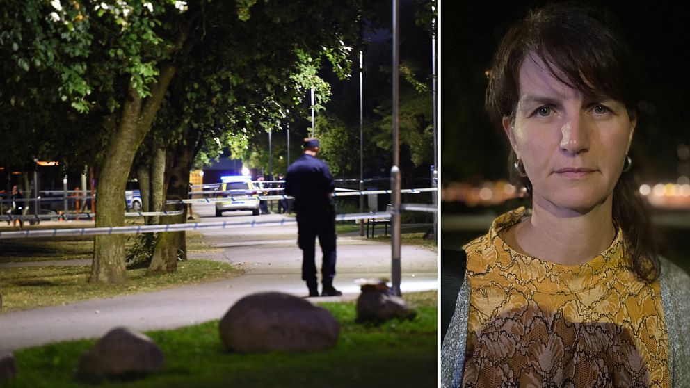 Bilden är delad i två. Den vänstra är en bild på en polis, polisbil och polisavspärringar i Årby i Eskilstuna. Den högra är en porträttbild på Maria Chergui, gruppledare för Vänsterpartiet Eskilstuna.