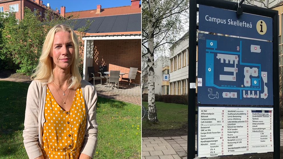 Bilden är ett montage av två bilder. Bilden till vänster visar Anna Ersson, kund och marknadschef Skebo. Bilden till höger visar campus Skellefteås skylt.