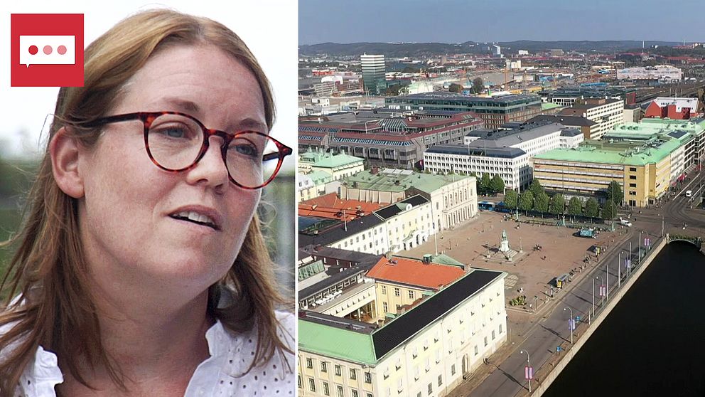 Maria Solevid, kvinna i glasögon och brunt hår samt flygbild över centrala Göteborg