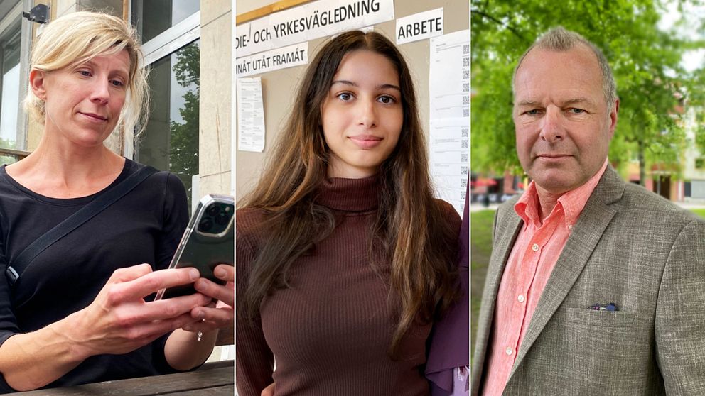 tre personer, en blond kvinna som tittar in i bilden, en yngre kvinna med mörkt långt hår och en man med kavaj.