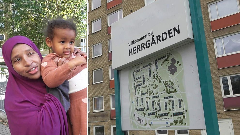 Kvinna med ett barn och en ”välkommen till Herrgården”- skylt.