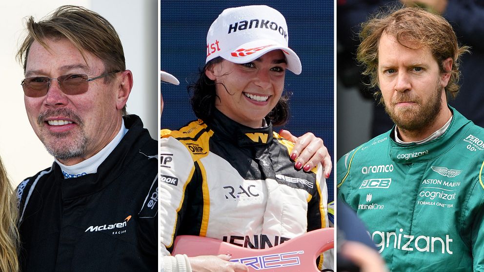 Bland förarna på Pite havsbad finns, från vänster: Mika Häkkinen, Jamie Chadwick och Sebastian Vettel.