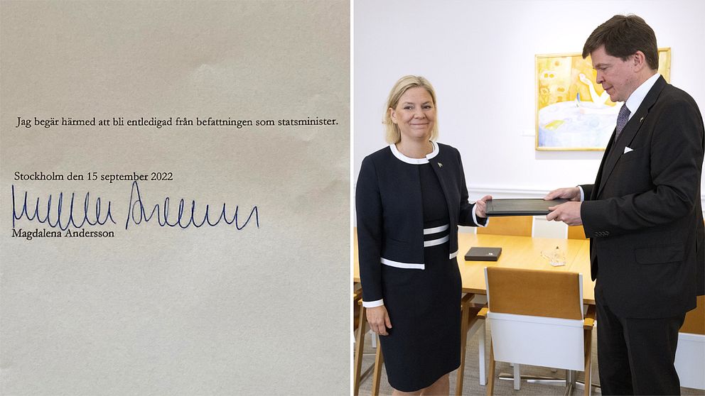 Här lämnar statsminister Magdalena Andersson (S) in sin avgångsansökan till talmannen.