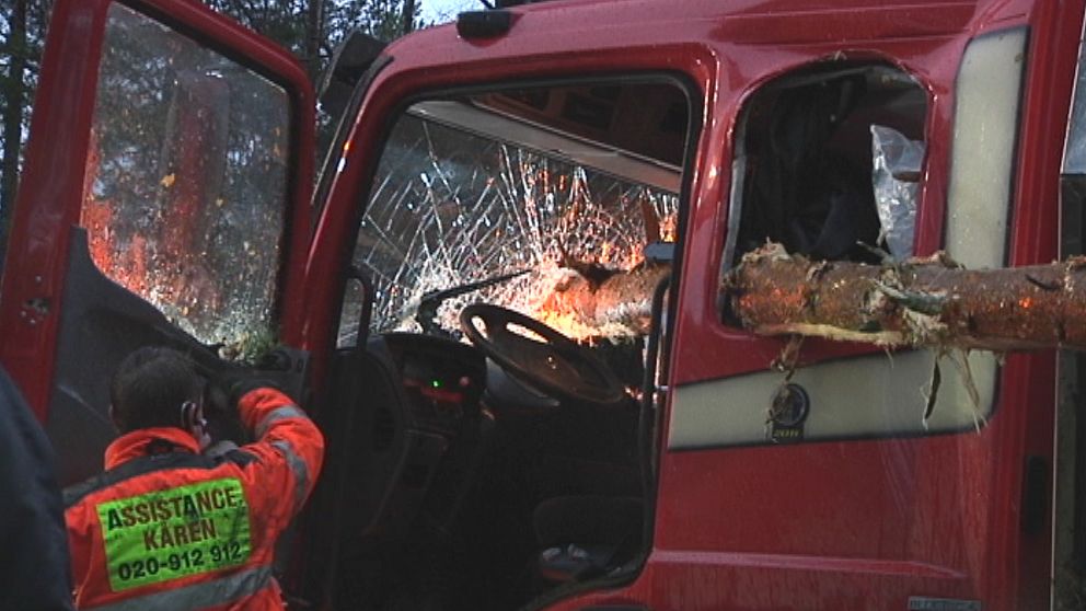 De två personerna i denna lastbil hade änglavakt när de åkte rakt in i ett nerblåst träd utanför Jönköping den 4 januari.