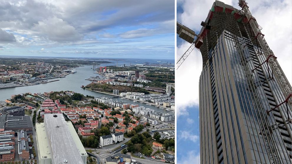 Tvådelad bild: Utsikt över delar av Göteborg från Karlatornet och Karlatornet under bygget.