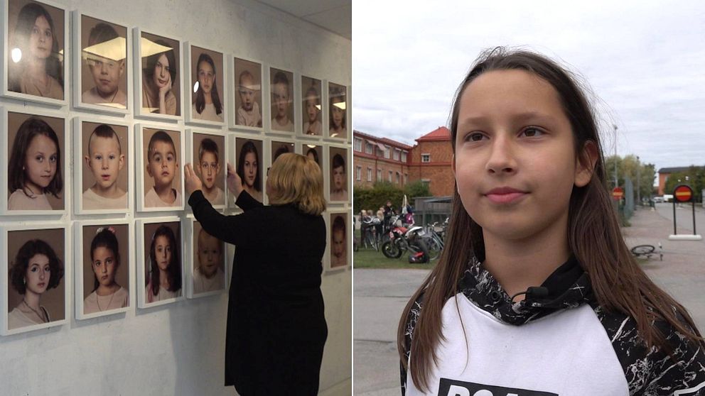 Till vänster hänger många porträtt av barn på en vägg, en person rättar till en av tavlorna. Till höger Alisa Pavelko, där hon står framför sin skola.