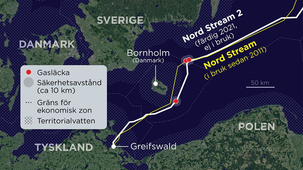 Kartan visar de tre läckorna på gasledningen Nord Stream 1 och Nord Stream 2.