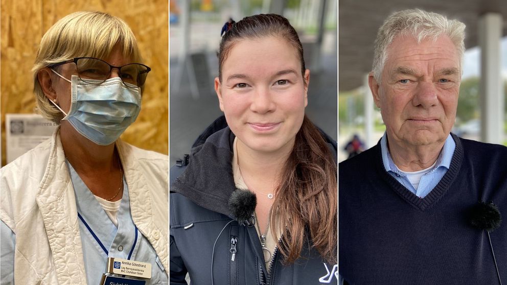 Barnsjuksköterskan Annika Götestrand sitter i ett av båsen på vaccinationscentralen på Mässhallen i Norrköping. Linnea Nyander Andersson och Thomas Pettersson står i kö för att få sin påfyllnadsdos.