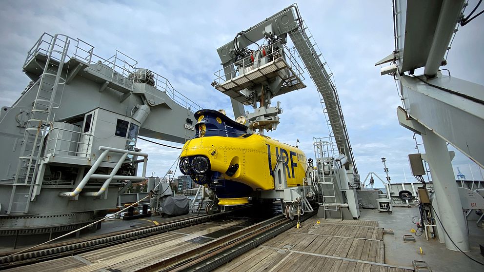 Ubåtsräddningsfarkosten (URF) ombord på HMS Belos. Farkosten kan även spana och ta bilder.