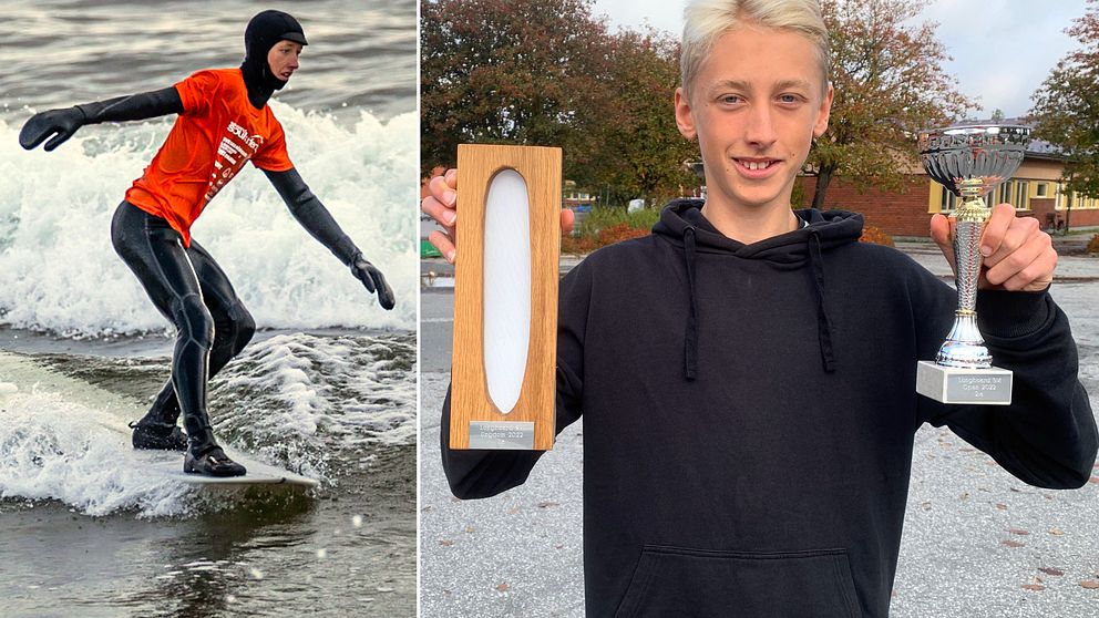 Isak Silvenord surfar på vågorna och Isak med sina vinster.