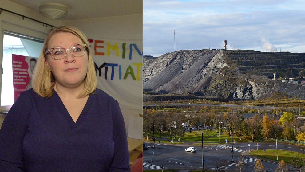 en kvinna med glasögon framför en målad banderoll, samt vy över gamla Kiruna mot gruvan