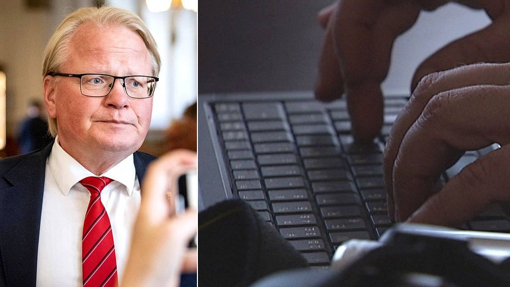 Tvådelad bild. Porträtt av en sammanbiten Peter Hultqvist i skjorta och kavaj med röd slips. Fingrar som skriver på ett tangentbord i mörker.