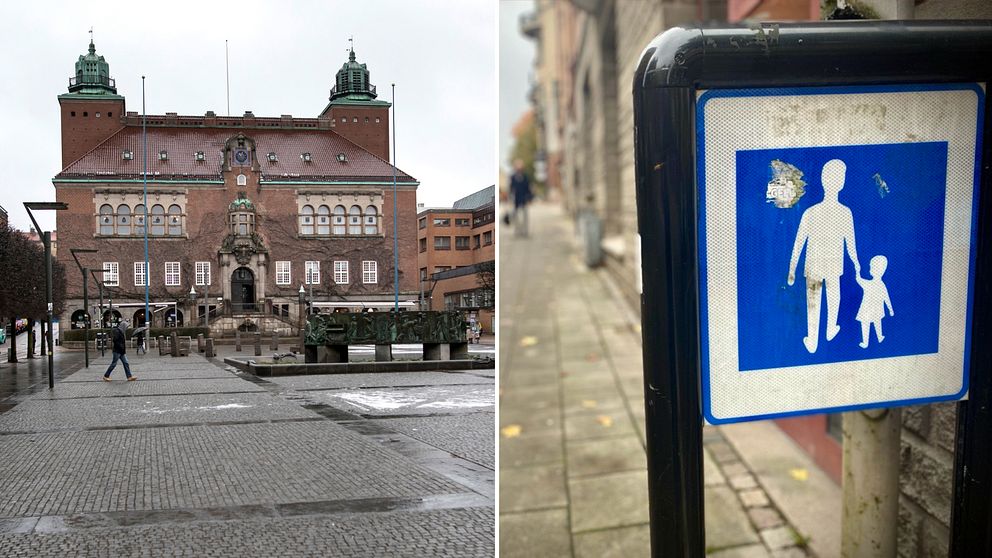 Till vänster Borås tingsrätt, till höger en skylt med en vuxen och ett barn.