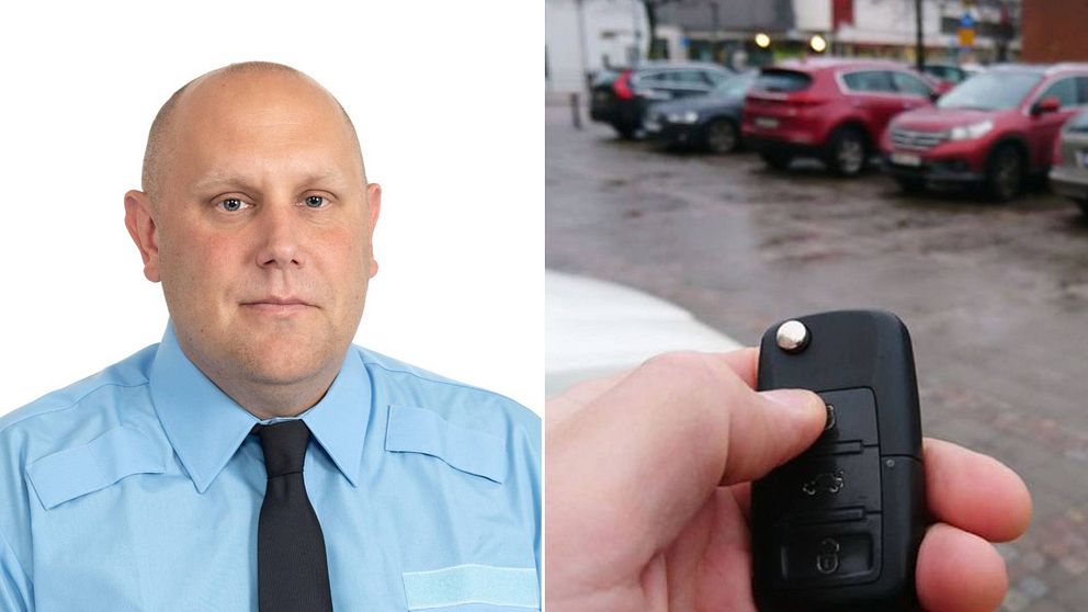 Tvådelad bild. Porträtt på uniformerad polis. En bilnyckel i förgrund, flera parkerade bilar i bakgrunden.