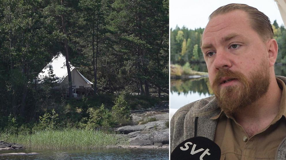 Till vänster en bild på ett hotält i trädkanten. Till höger i bild Staffan Svantesson, vd för Happi Camp.