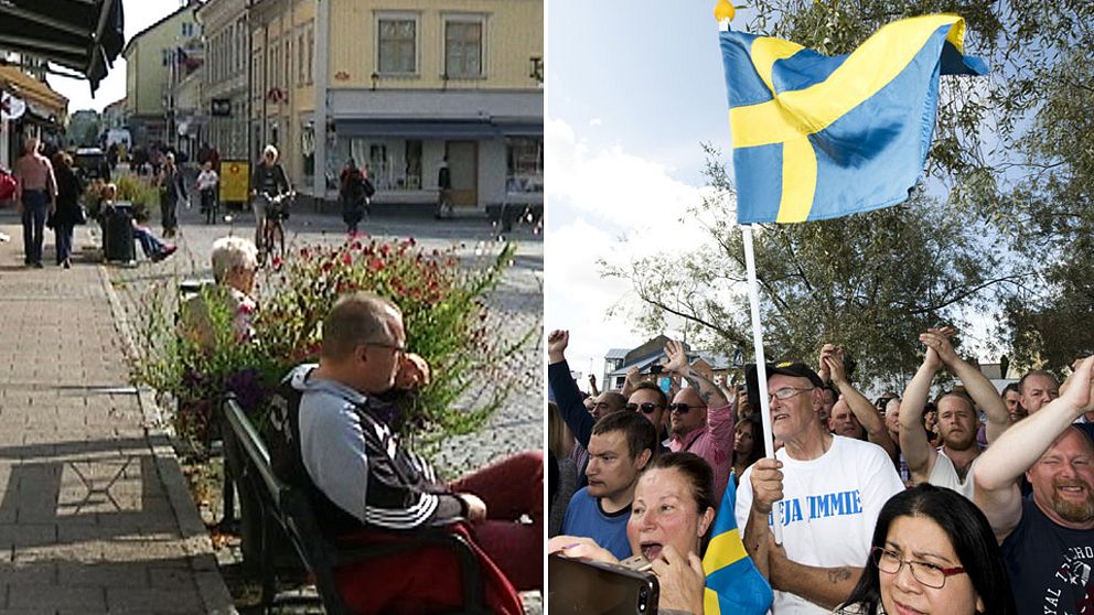 Till vänster Alingsås centrum, till höger SD:s partiledare Jimmy Åkessons sommartal.