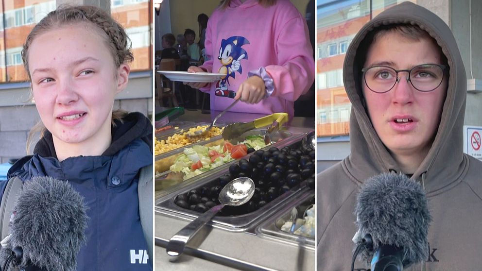 tredelad bild med porträtt på en tjen och en kille, samt barn som tar mat i salladsbuffé