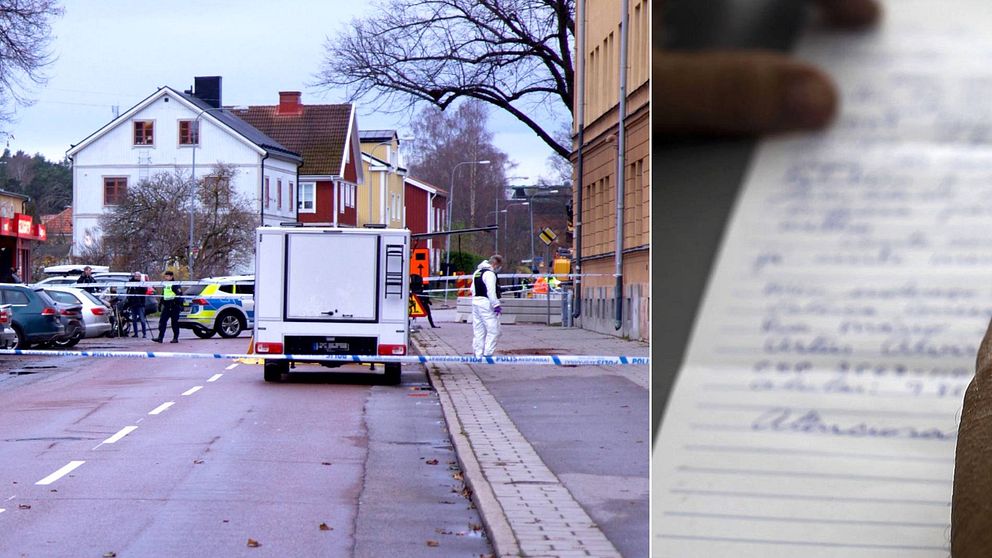 Tvådelad bild. Polisavspärrningar och flera uniformerade poliser på gatan utomhus i Gävle. Händer som håller i ett papper med handskriven text på.
