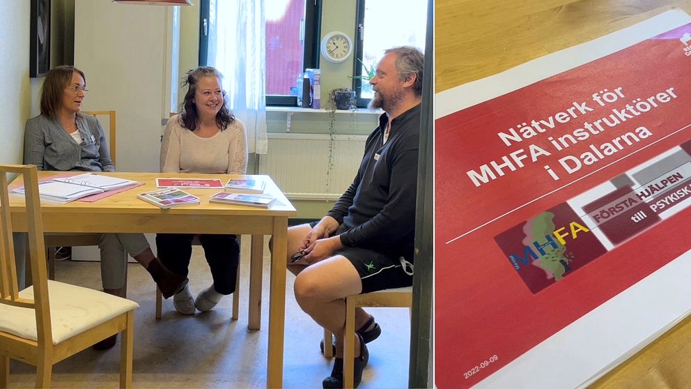 Delad bild – till vänster tre personer som sitter vid ett bord. Till höger en bild på ett rött papper från en utbildning i psykisk ohälsa.