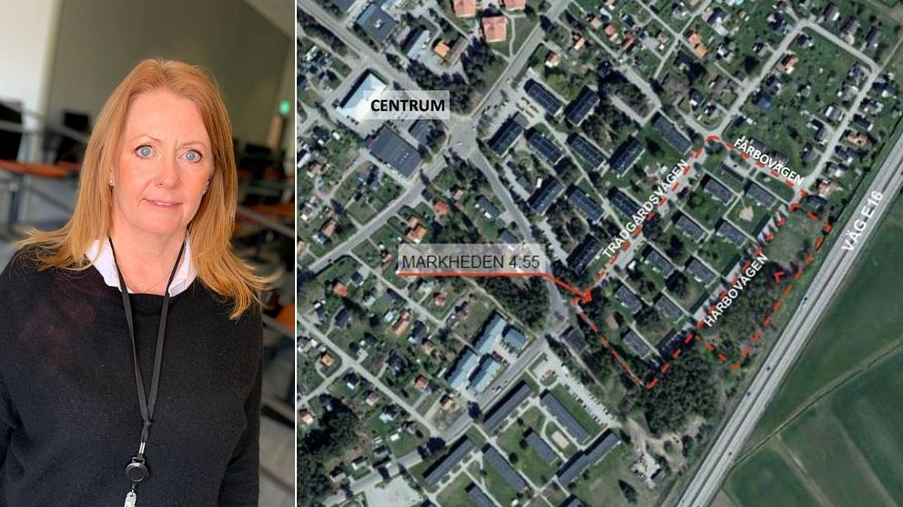 Tvådelad bild. Porträtt av Cathrine Holgersson i kontorsmiljö. Kartbild över bostadsområdet i Valbo.