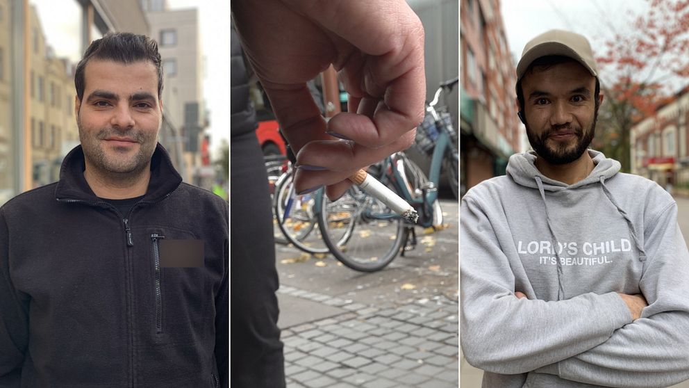 Tre olika bilder. Två bilder på två unga män. En bild på en person som håller en tänd cigarett i handen.