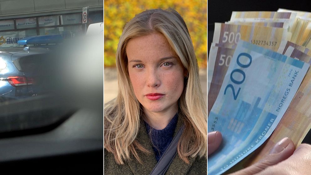 Tre delad bild. En blurrad parkeringsplats, en ung kvinna och en hand full med norska sedlar.