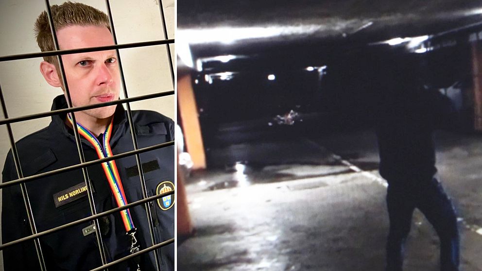 Polisens presstalesperson Nils Norling stående bakom galler och en bild på en person som skjuter i ett parkeringsgarage.